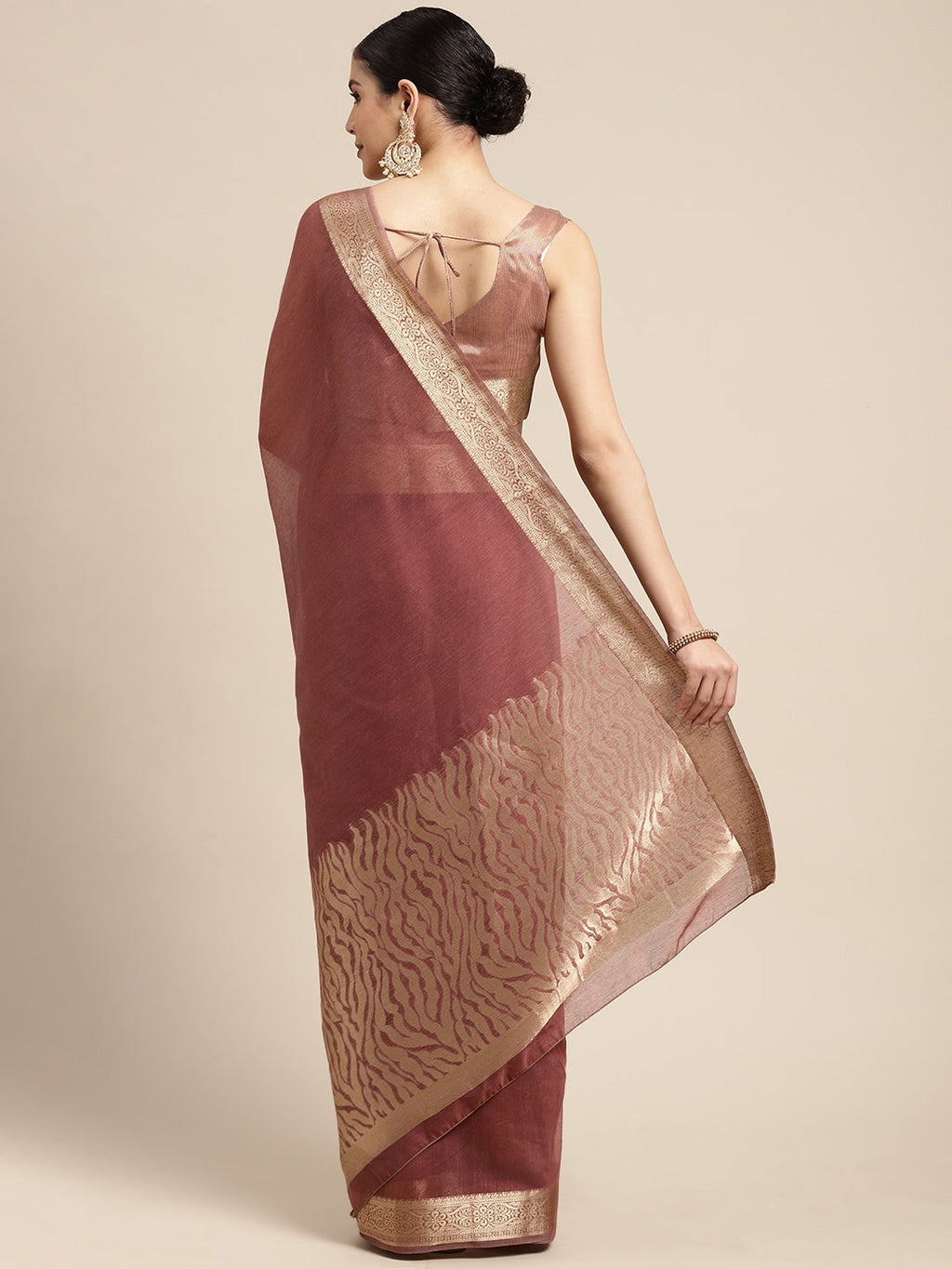 Saree Mall Mauve & Gold Solid Linen Blend Taant Saree | Grocsy
