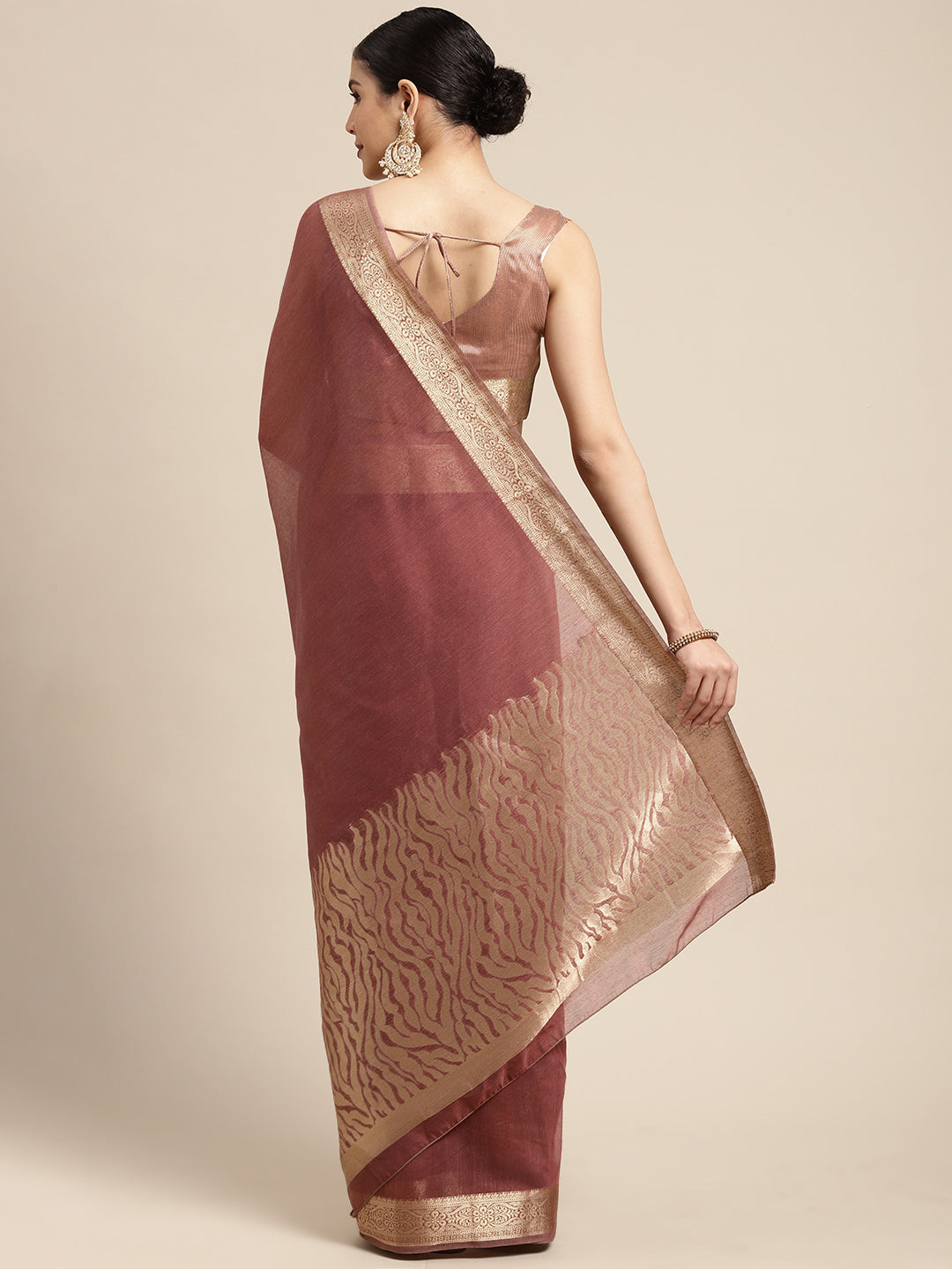 Saree Mall Mauve & Gold Solid Linen Blend Taant Saree | Grocsy