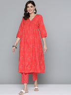 HERE&NOW Floral Print Cotton Empire Kurta with Trousers | Grocsy