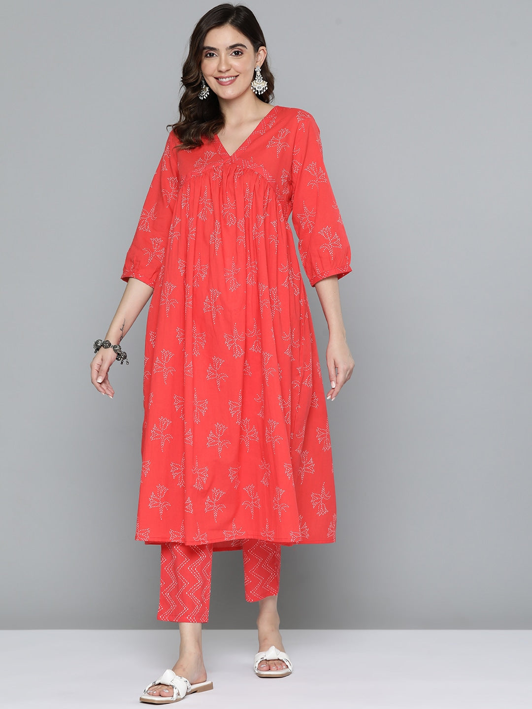 HERE&NOW Floral Print Cotton Empire Kurta with Trousers | Grocsy