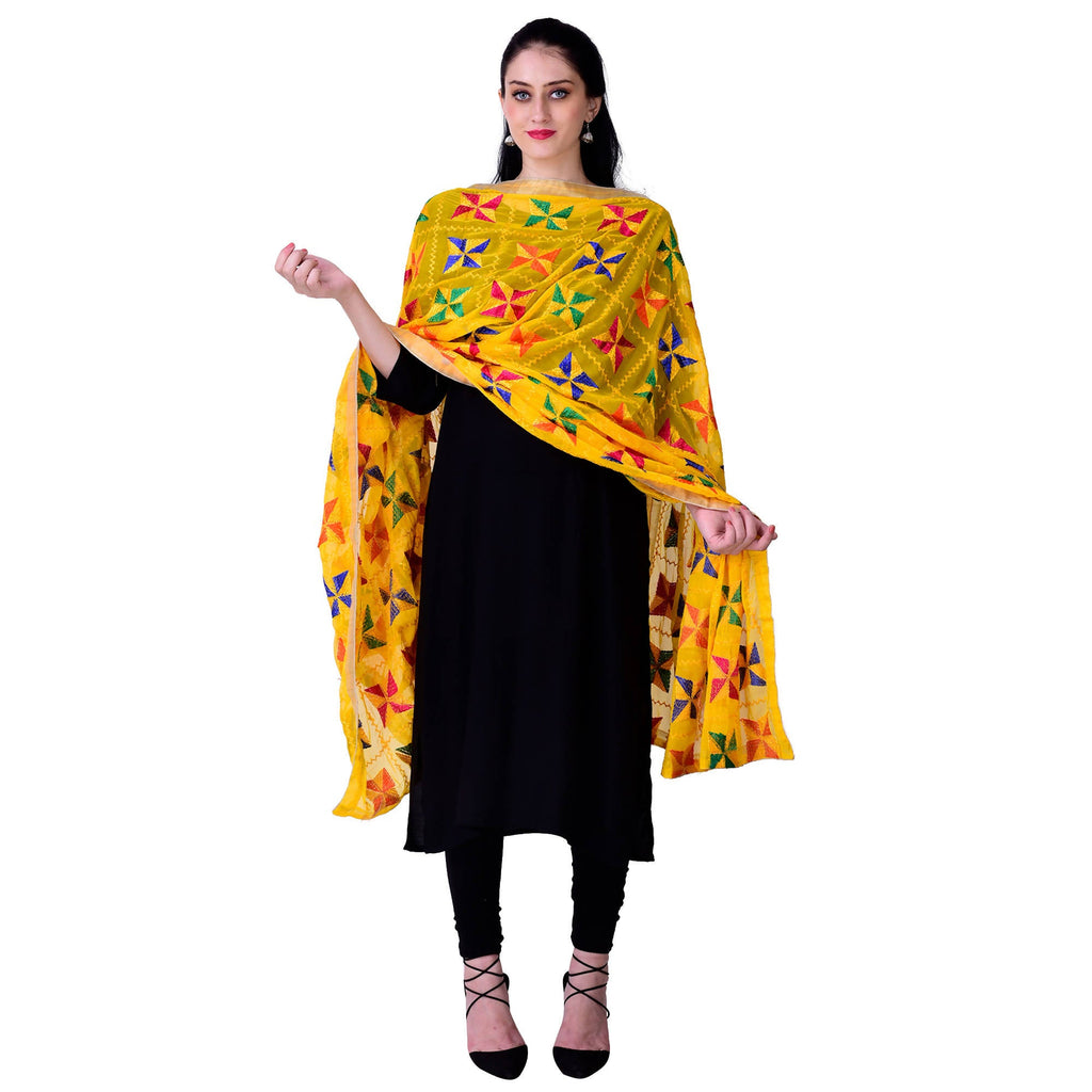 SWI Stylish Women's Embroidered Phulkari Chiffon Yellow Dupatta | Grocsy