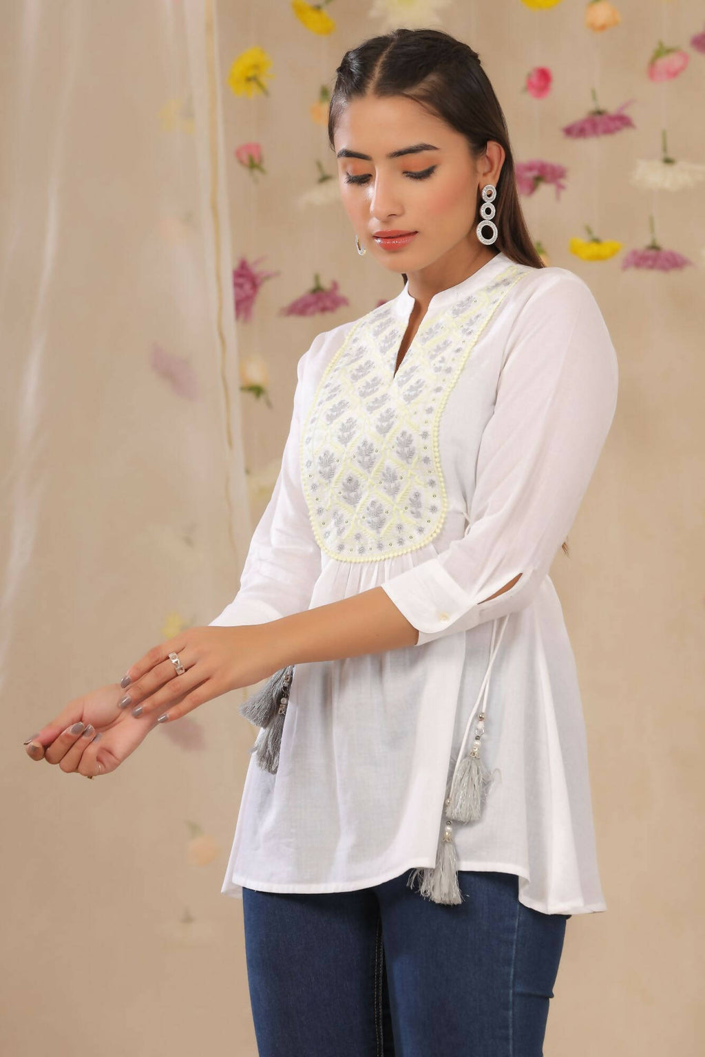 Juniper Women White Cotton Moss Embroidered A-Line Tunic | Grocsy
