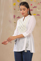 Juniper Women White Cotton Moss Embroidered A-Line Tunic | Grocsy