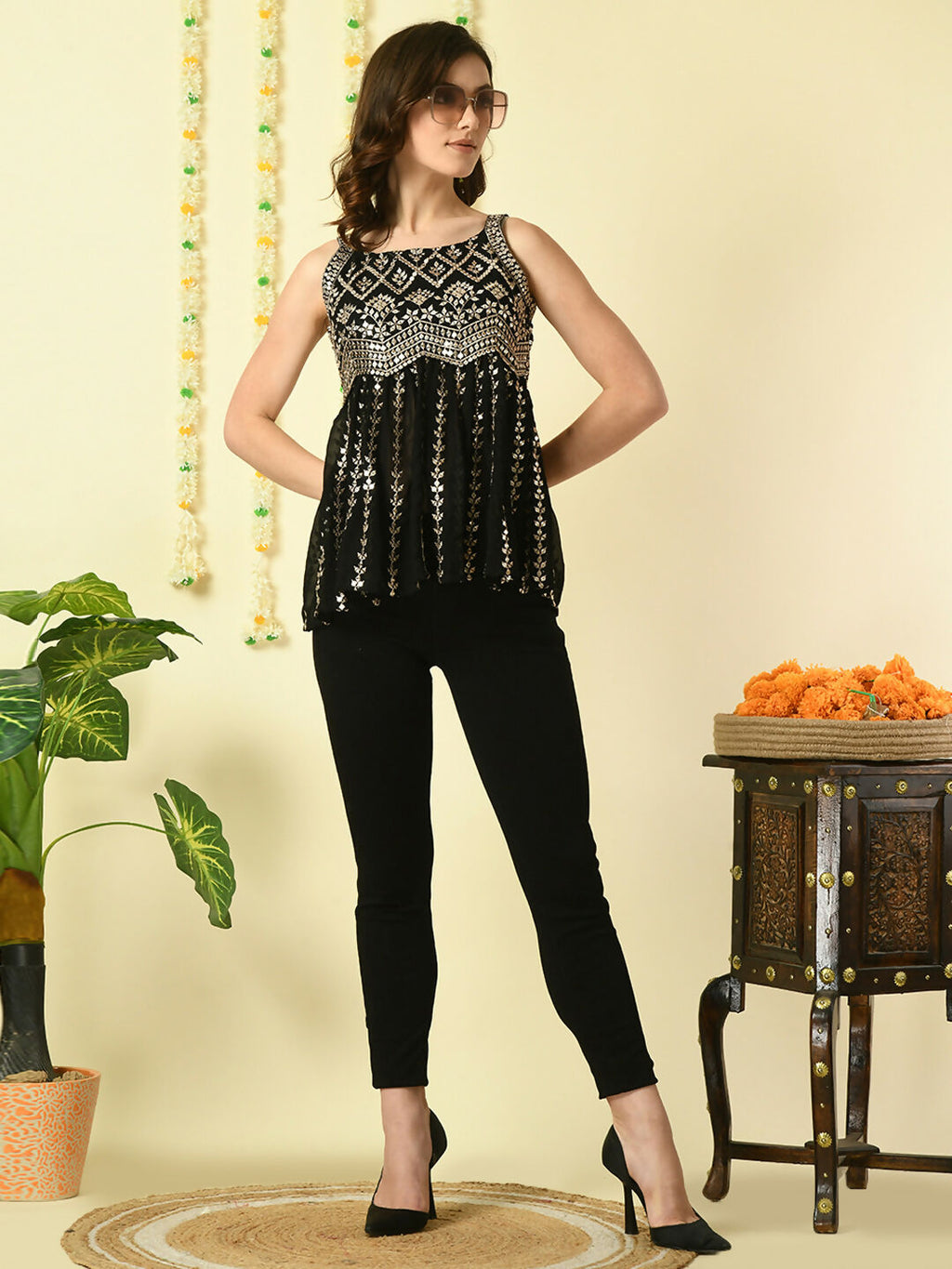 Myshka Women's Black Embroidered Party Fusion Top | Grocsy