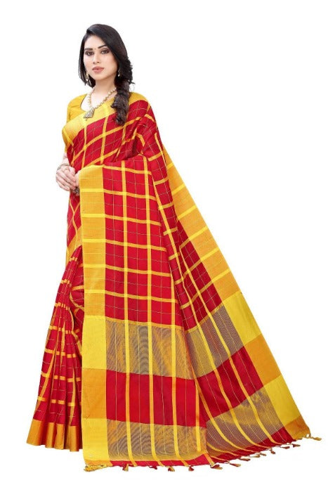 Vamika Red Cotton Silk Weaving Saree (SATURN RED) | Grocsy
