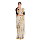 Exclusive Collection 100% Pure Cotton Off White Violet Saree With Printed Work | Grocsy