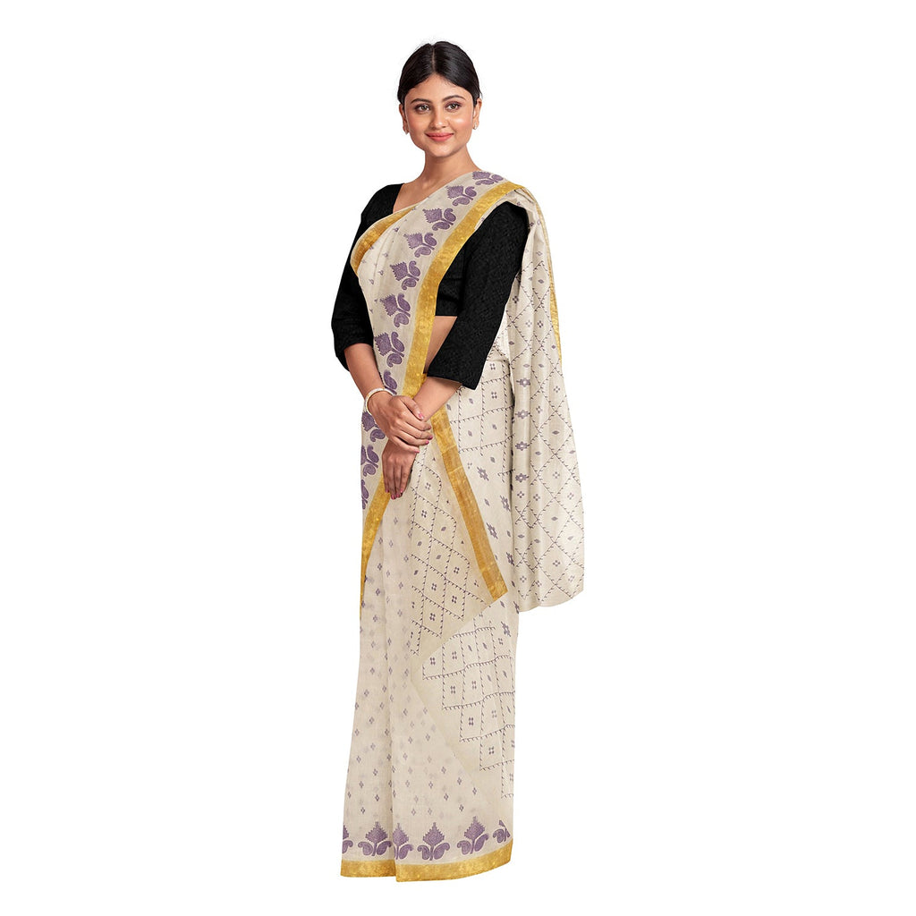 Exclusive Collection 100% Pure Cotton Off White Violet Saree With Printed Work | Grocsy