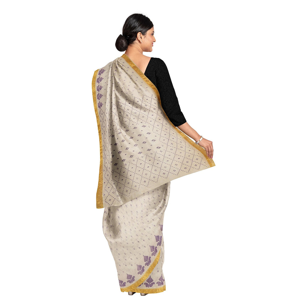 Exclusive Collection 100% Pure Cotton Off White Violet Saree With Printed Work | Grocsy