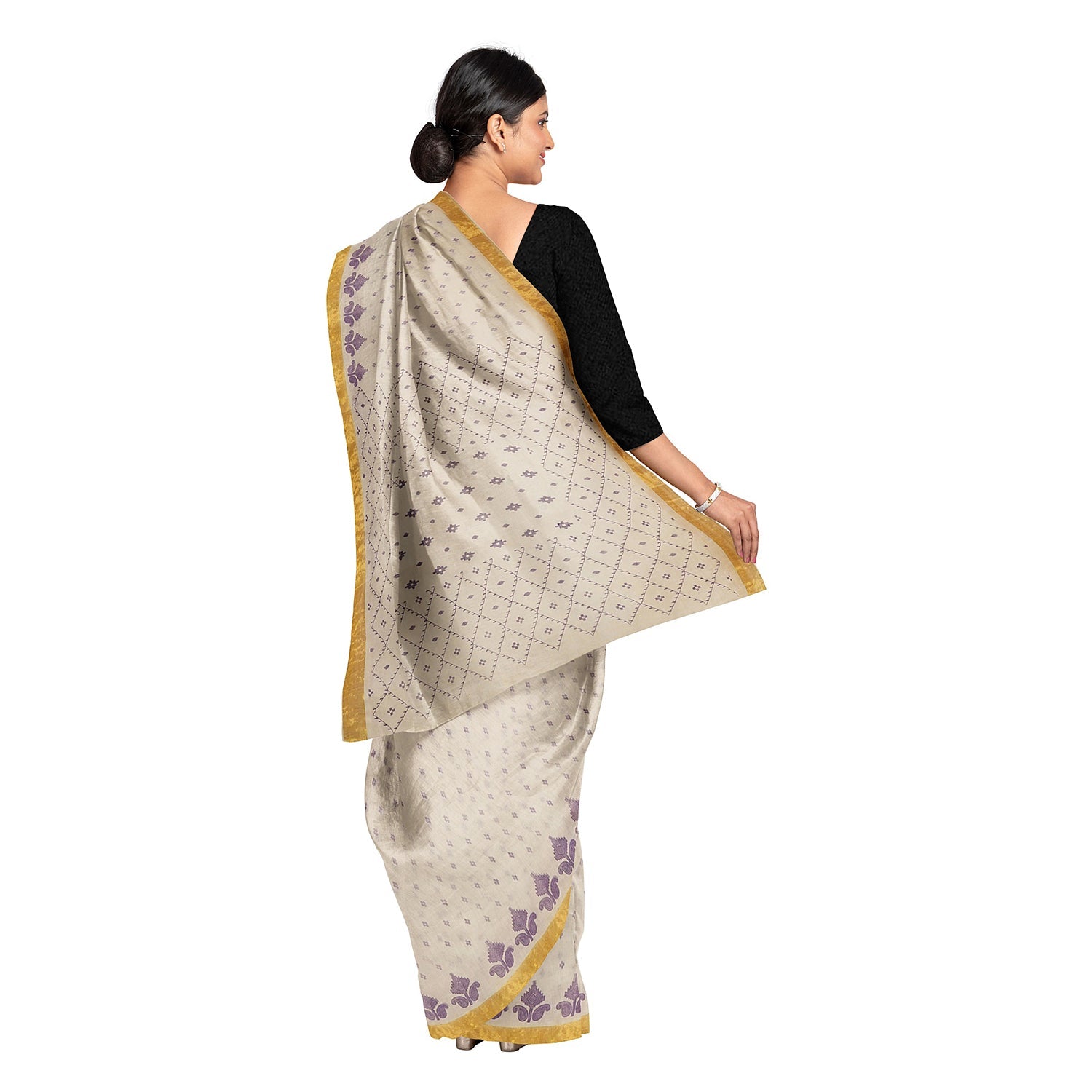 Exclusive Collection 100% Pure Cotton Off White Violet Saree With Printed Work | Grocsy
