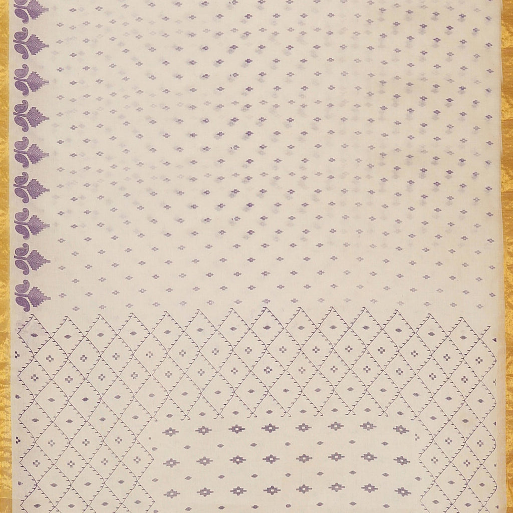 Exclusive Collection 100% Pure Cotton Off White Violet Saree With Printed Work | Grocsy