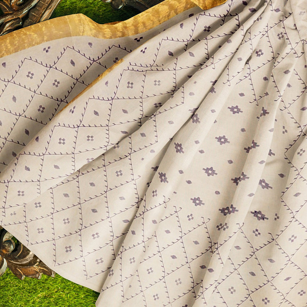 Exclusive Collection 100% Pure Cotton Off White Violet Saree With Printed Work | Grocsy