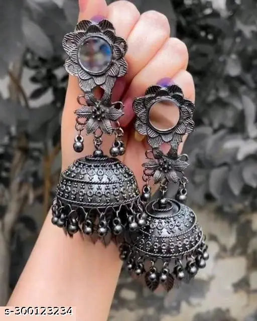 Tehzeeb Creations Women's Black Colour Oxidised Earrings With Mirror And Jhumki Style | Grocsy
