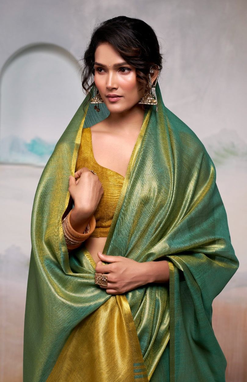 Anaita Green Handloom Tissue Silk Self Woven Plain Saree | Grocsy