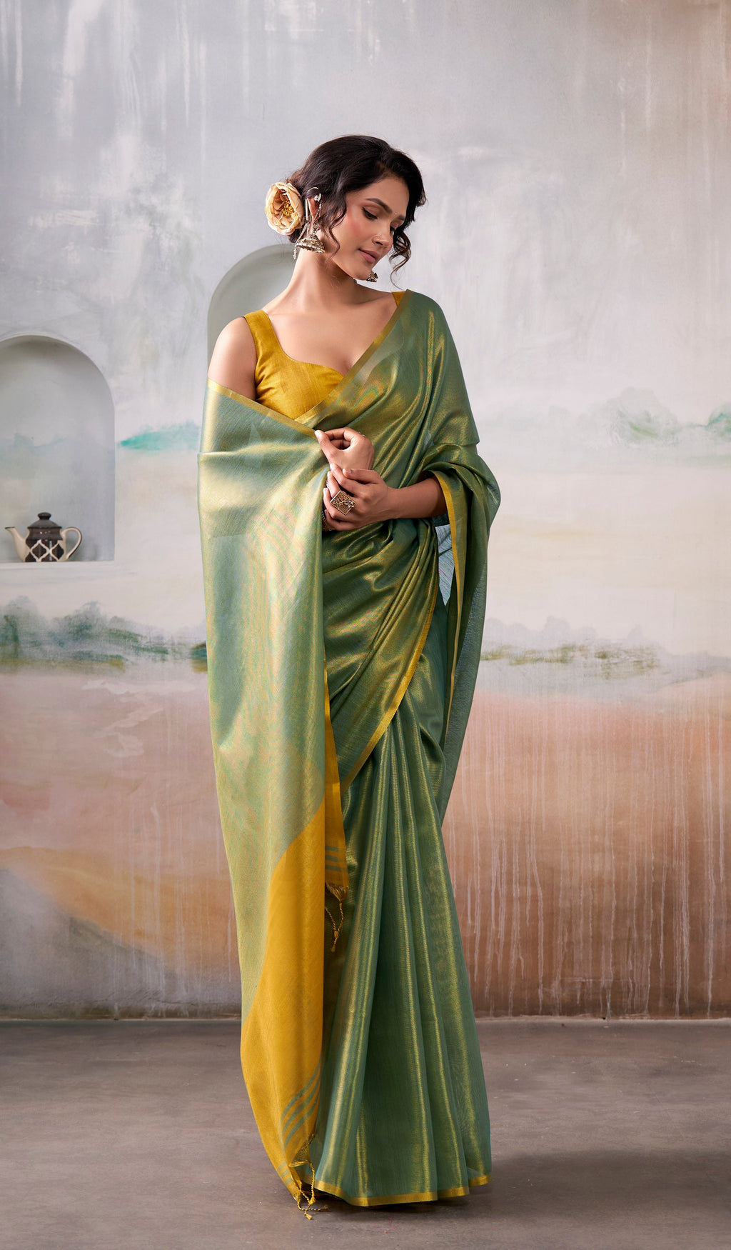 Anaita Green Handloom Tissue Silk Self Woven Plain Saree | Grocsy