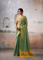Anaita Green Handloom Tissue Silk Self Woven Plain Saree | Grocsy