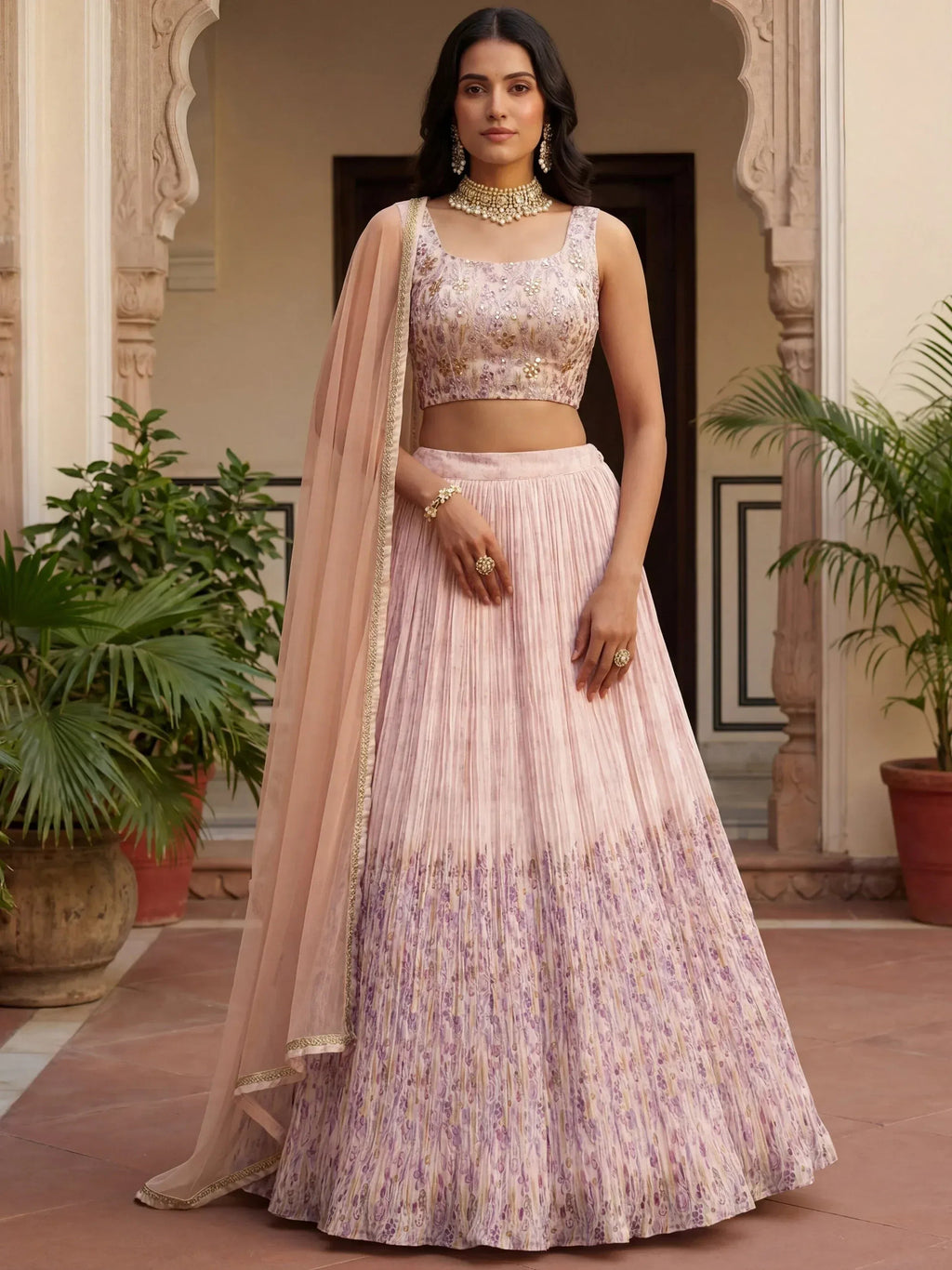 Tulsi Art Precious Peach Floral Printed Georgette Wedding Wear Lehenga Choli | Grocsy