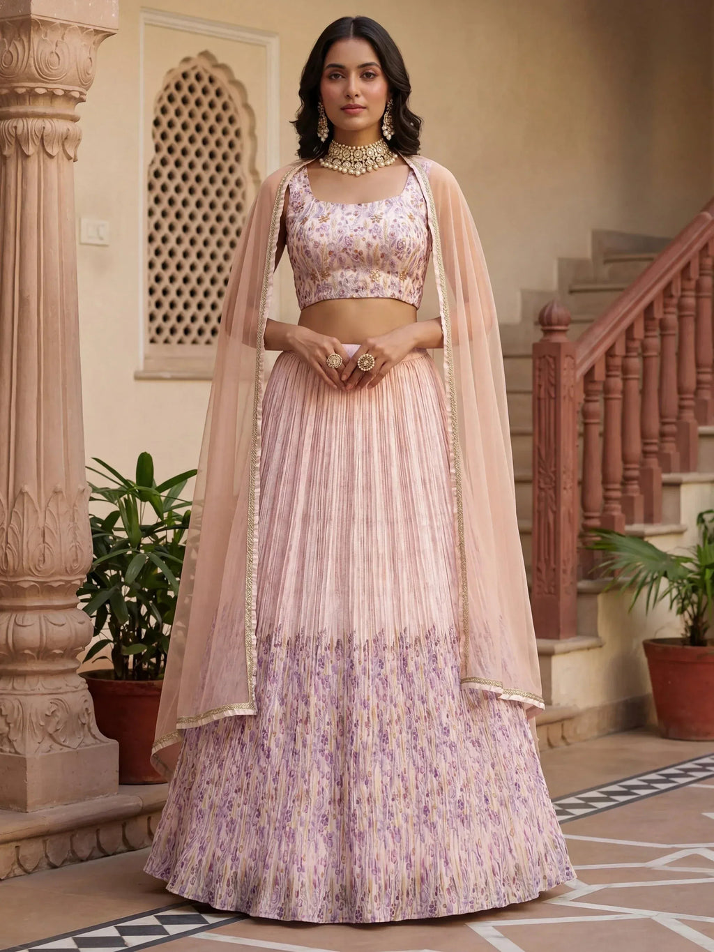 Tulsi Art Precious Peach Floral Printed Georgette Wedding Wear Lehenga Choli | Grocsy