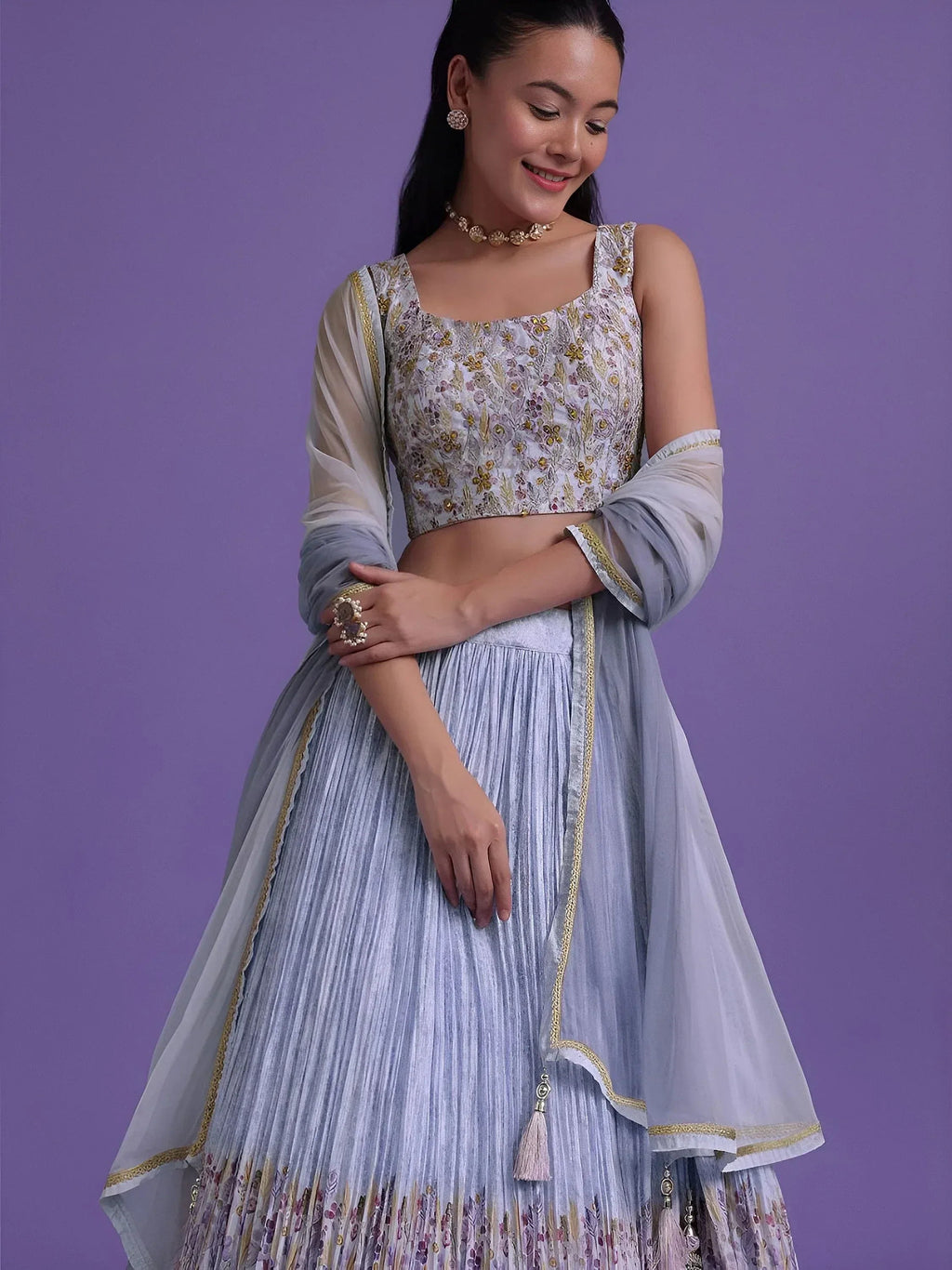 Tulsi Art Delightful Blue Floral Printed Georgette Festival Wear Lehenga Choli | Grocsy