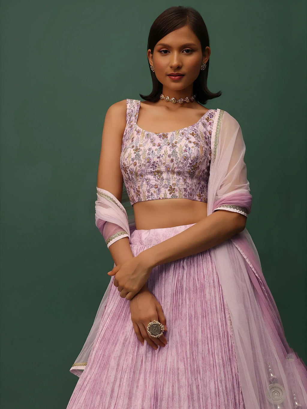 Tulsi Art Beautiful Pink Floral Printed Georgette Event Wear Lehenga Choli | Grocsy