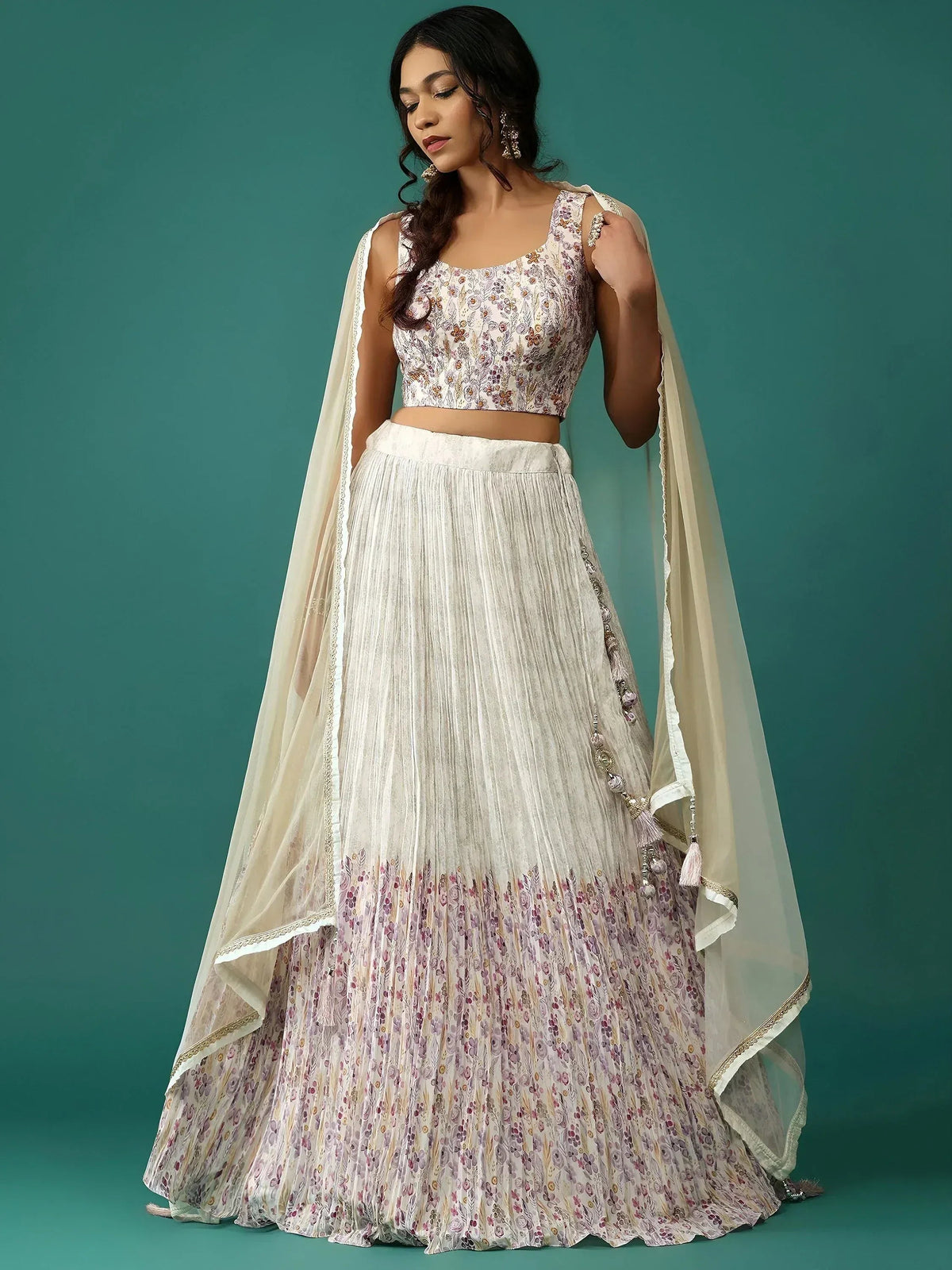 Tulsi Art Stunning Off-White Floral Printed Georgette Traditional Lehenga Choli | Grocsy