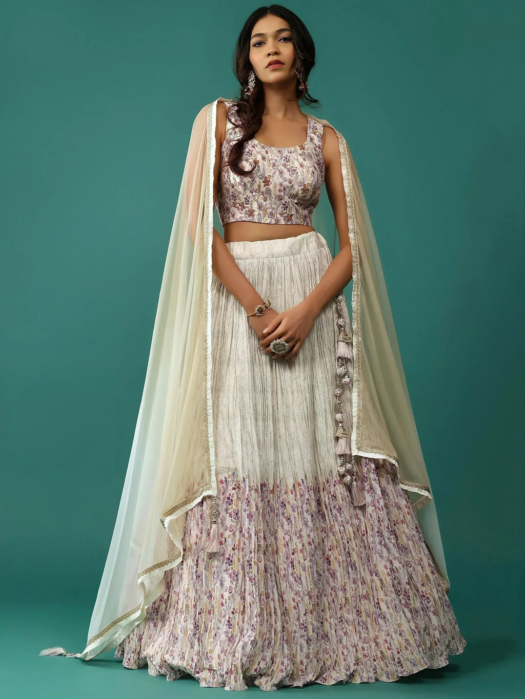 Tulsi Art Stunning Off-White Floral Printed Georgette Traditional Lehenga Choli | Grocsy