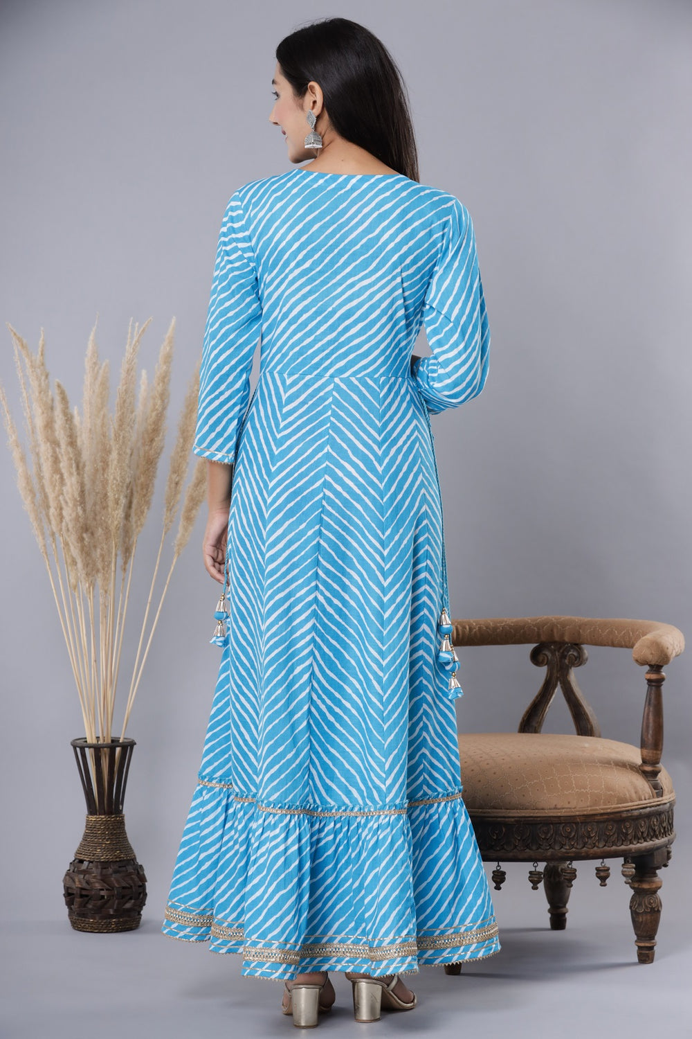 Juniper Women's Skyblue Printed Embroidered Mirror Work Sequin Cotton Flared Dress | Grocsy