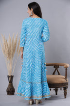 Juniper Women's Skyblue Printed Embroidered Mirror Work Sequin Cotton Flared Dress | Grocsy