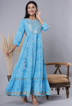 Juniper Women's Skyblue Printed Embroidered Mirror Work Sequin Cotton Flared Dress | Grocsy