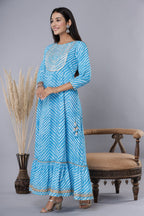 Juniper Women's Skyblue Printed Embroidered Mirror Work Sequin Cotton Flared Dress | Grocsy