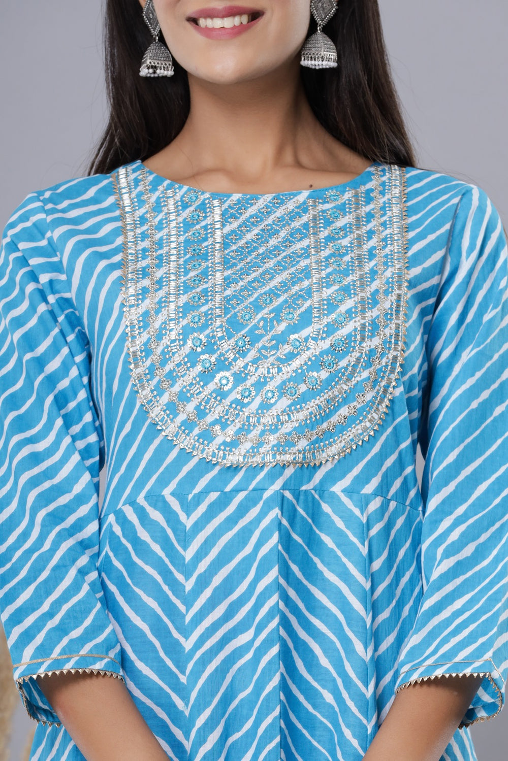 Juniper Women's Skyblue Printed Embroidered Mirror Work Sequin Cotton Flared Dress | Grocsy