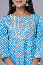 Juniper Women's Skyblue Printed Embroidered Mirror Work Sequin Cotton Flared Dress | Grocsy