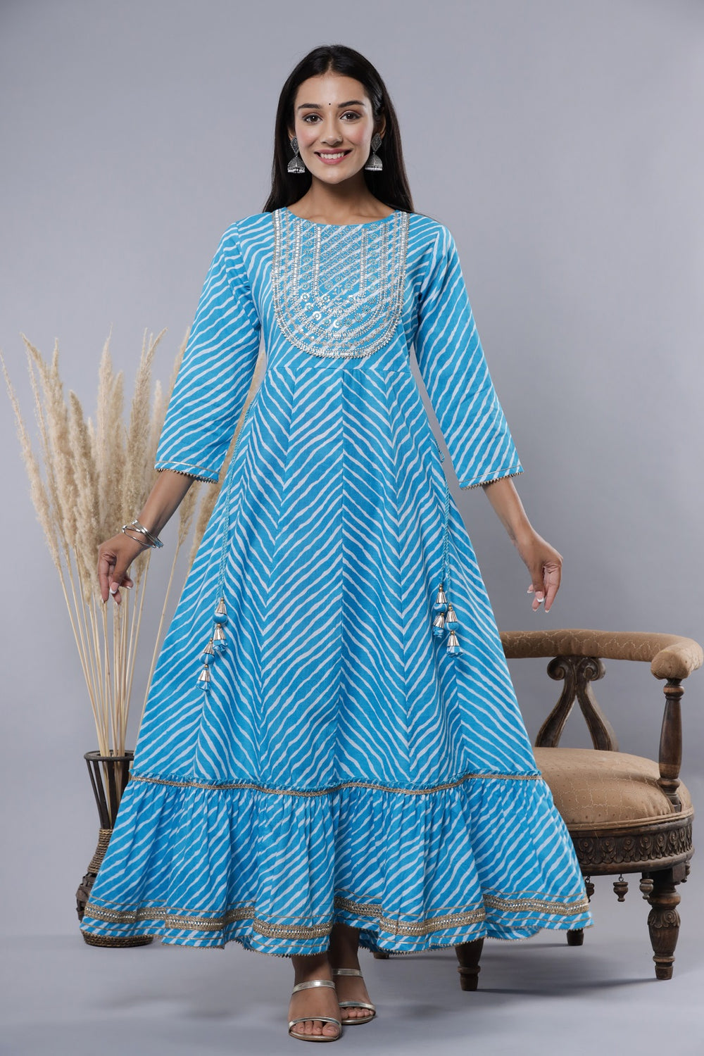 Juniper Women's Skyblue Printed Embroidered Mirror Work Sequin Cotton Flared Dress | Grocsy