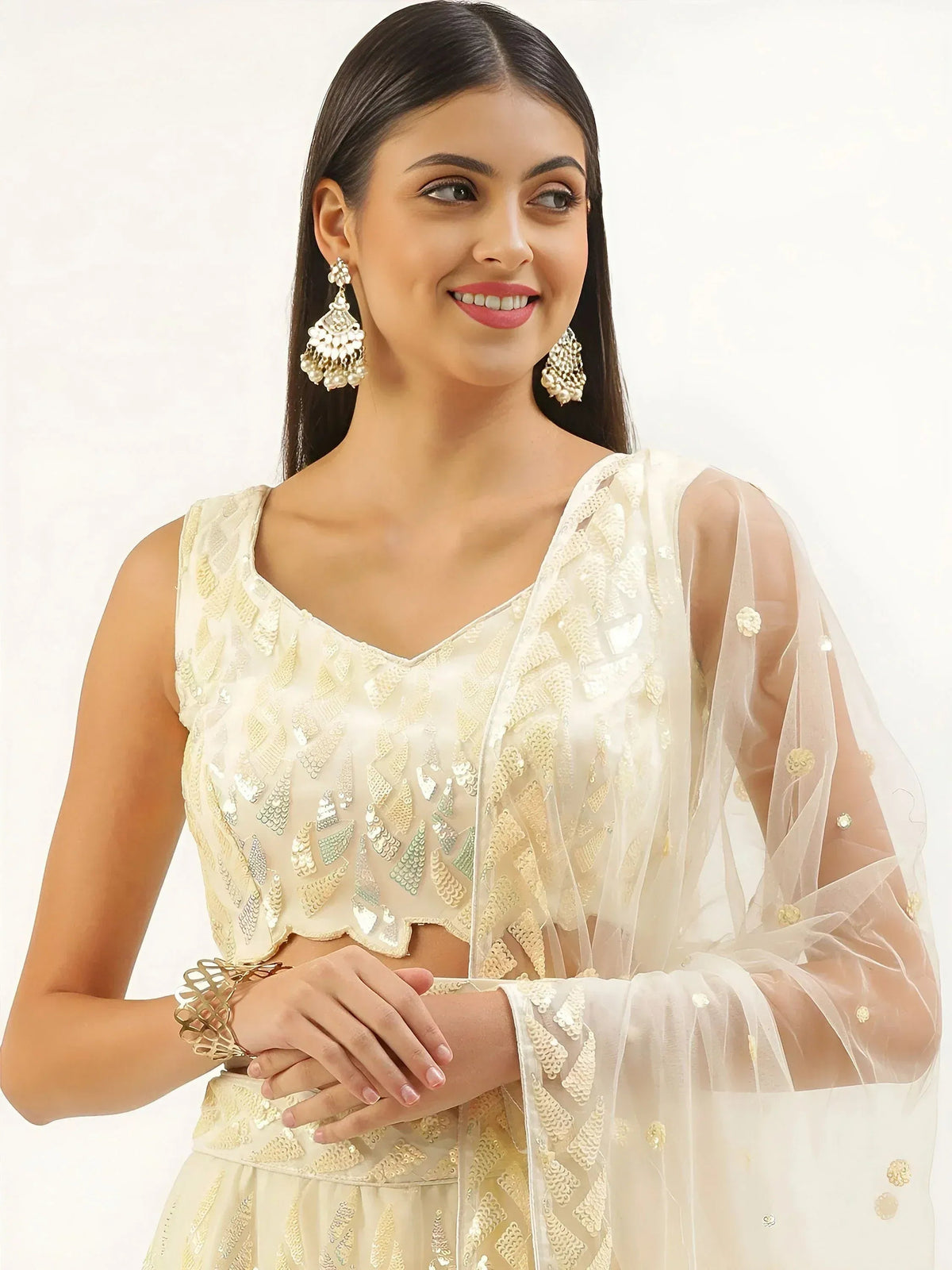 Tulsi Art Attractive Beige Sequins Net Wedding Wear Lehenga Choli With Dupatta | Grocsy