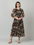 Souchii Black & Pink Floral Chiffon Midi Dress | Grocsy