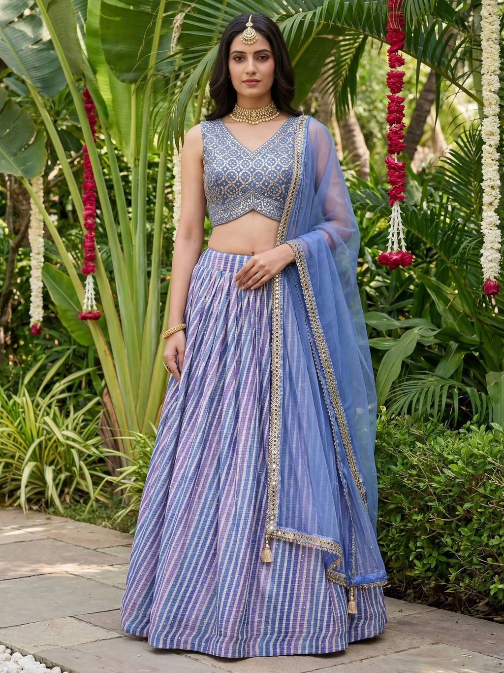 Tulsi Art Classic Lavender Leheriya Printed Organza Wedding Wear Lehenga Choli | Grocsy