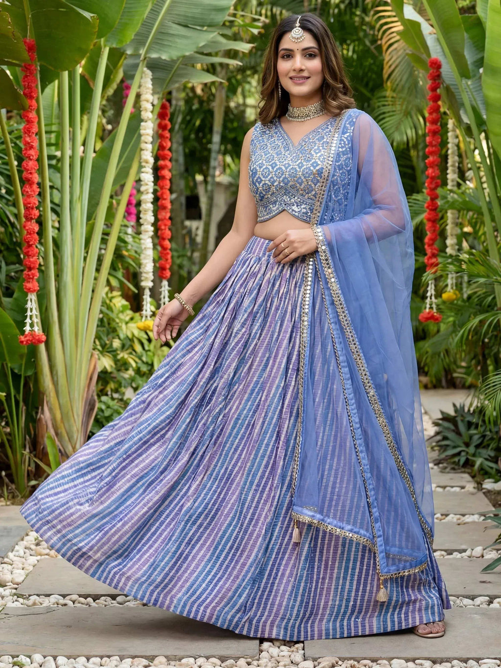 Tulsi Art Classic Lavender Leheriya Printed Organza Wedding Wear Lehenga Choli | Grocsy