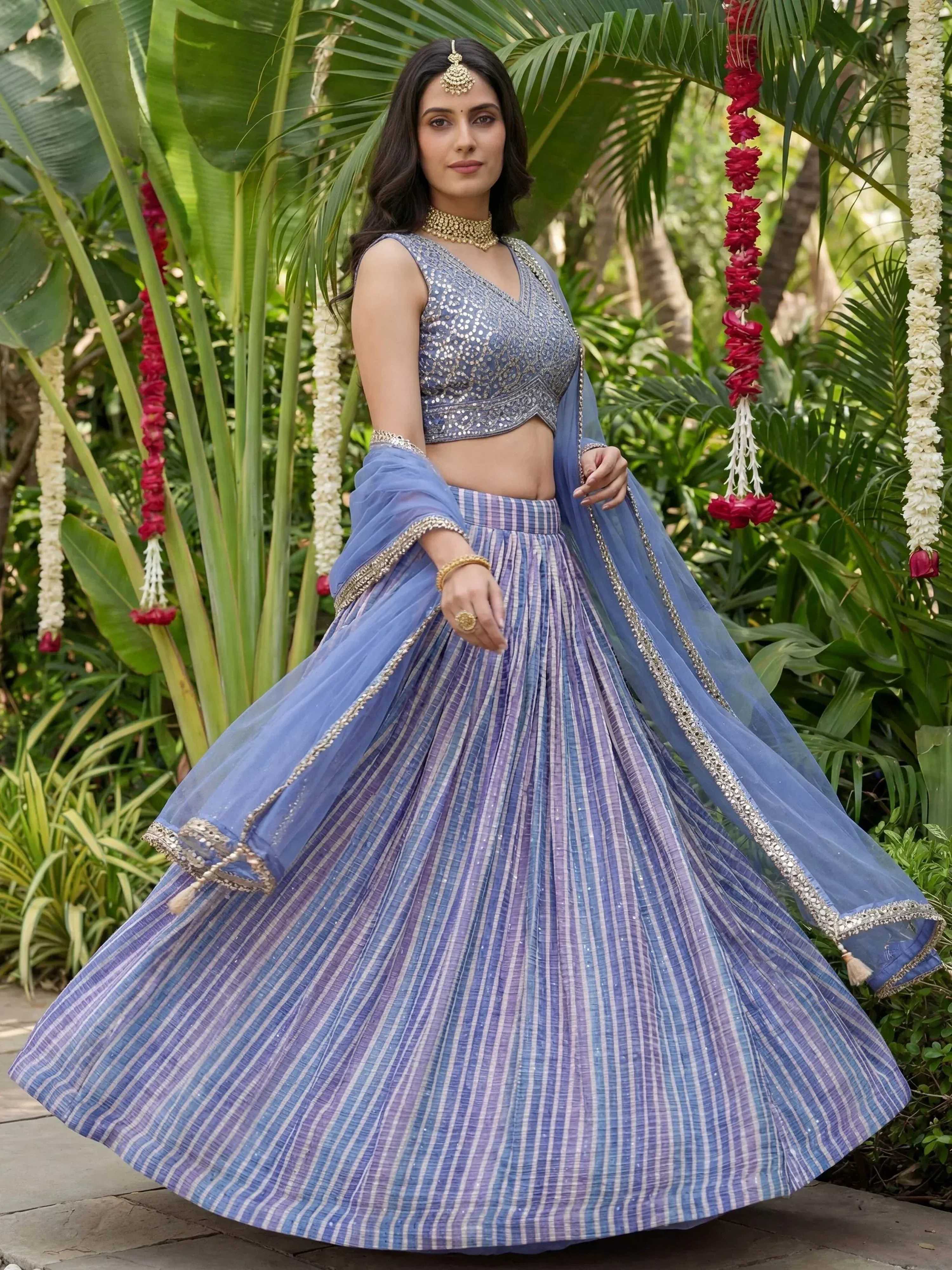Tulsi Art Classic Lavender Leheriya Printed Organza Wedding Wear Lehenga Choli | Grocsy