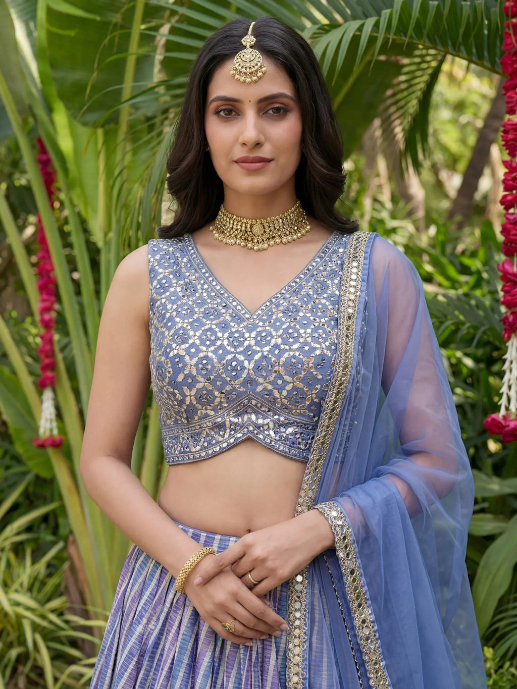 Tulsi Art Classic Lavender Leheriya Printed Organza Wedding Wear Lehenga Choli | Grocsy