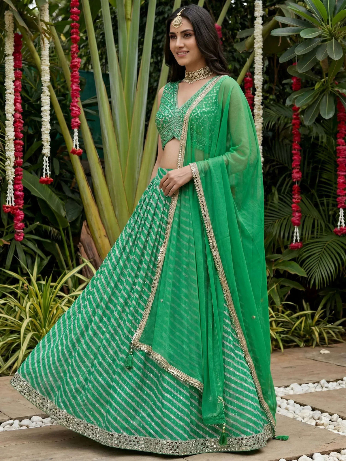 Tulsi Art Enchanting Green Digital Printed Organza Festive Wear Lehenga Choli | Grocsy