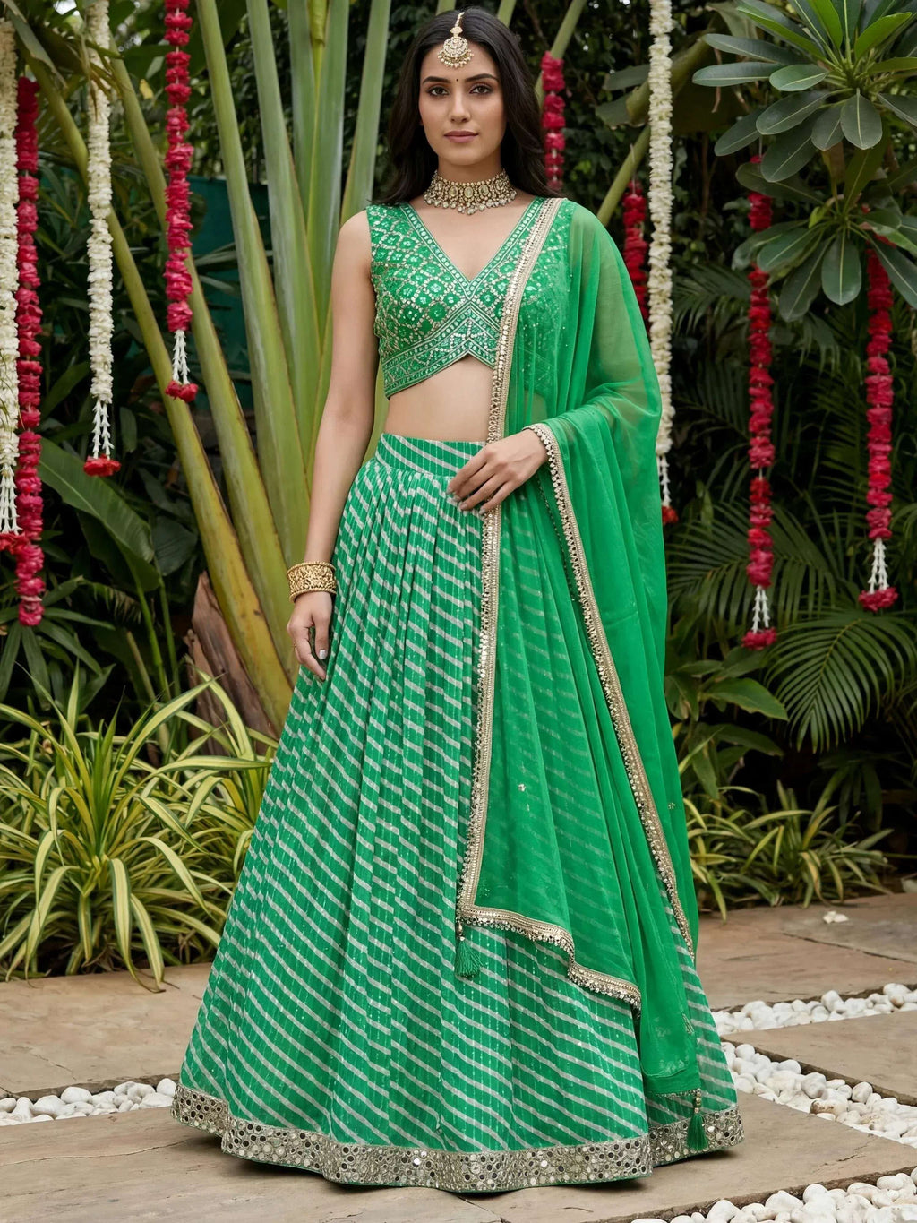 Tulsi Art Enchanting Green Digital Printed Organza Festive Wear Lehenga Choli | Grocsy