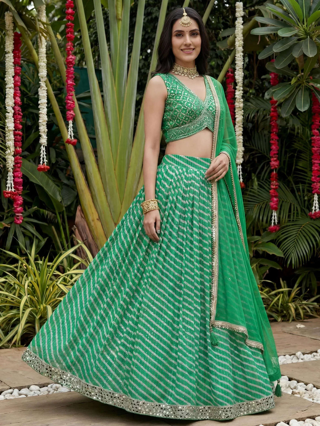 Tulsi Art Enchanting Green Digital Printed Organza Festive Wear Lehenga Choli | Grocsy