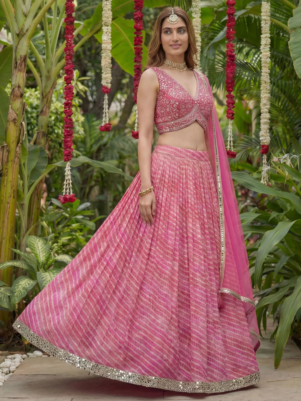 Tulsi Art Alluring Pink Leheriya Printed Organza Festive Wear Lehenga Choli | Grocsy