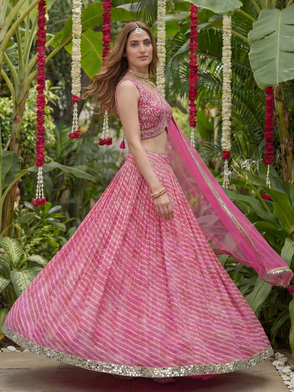 Tulsi Art Alluring Pink Leheriya Printed Organza Festive Wear Lehenga Choli | Grocsy