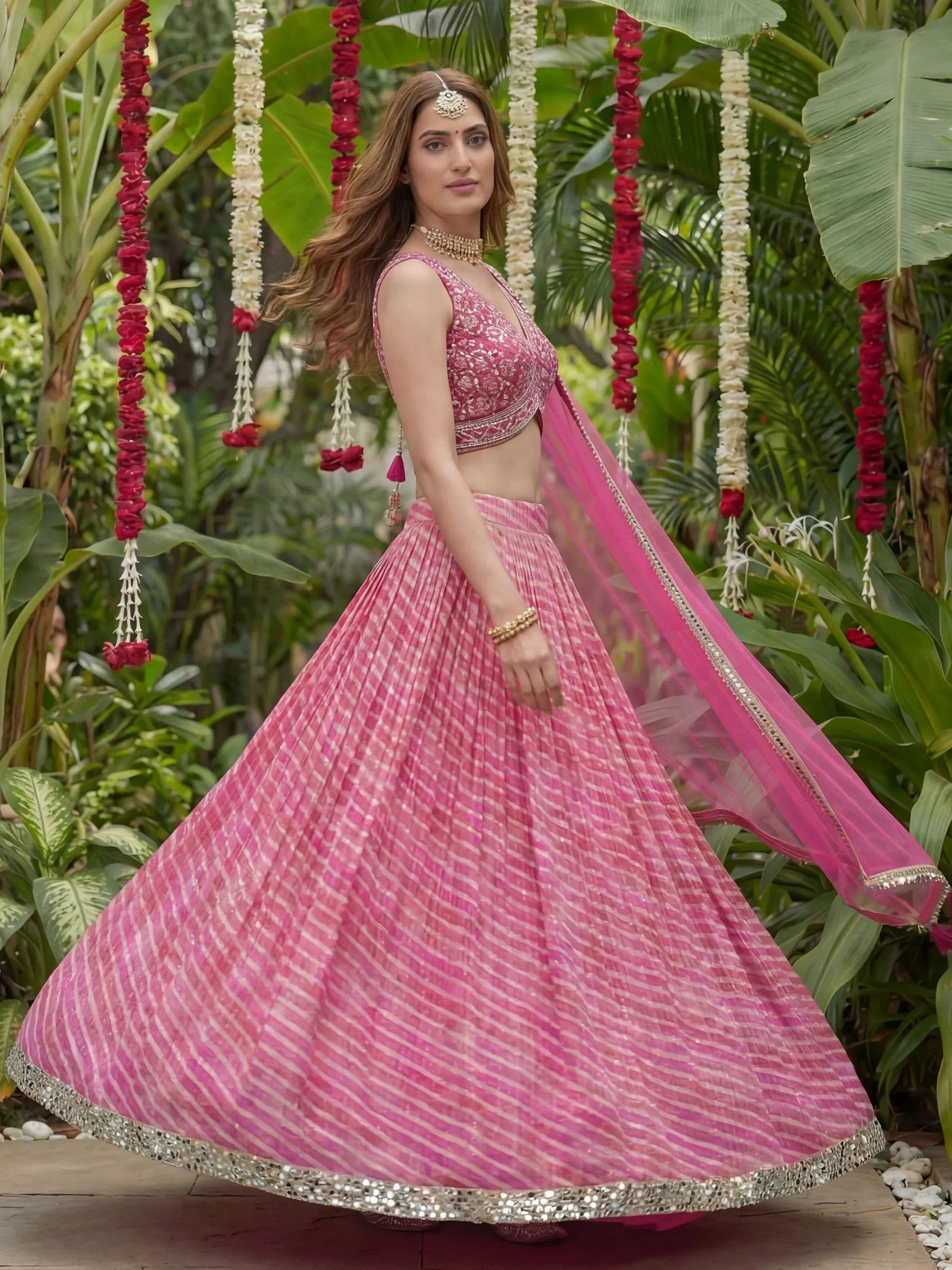 Tulsi Art Alluring Pink Leheriya Printed Organza Festive Wear Lehenga Choli | Grocsy