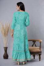 Juniper Women's Green Printed Embroidered Mirror Work Sequin Cotton Flared Dress | Grocsy