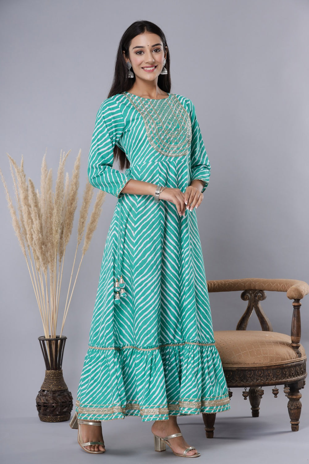 Juniper Women's Green Printed Embroidered Mirror Work Sequin Cotton Flared Dress | Grocsy