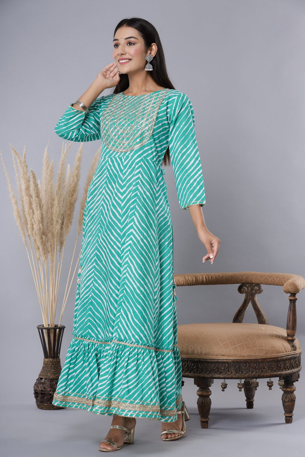 Juniper Women's Green Printed Embroidered Mirror Work Sequin Cotton Flared Dress | Grocsy