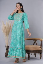 Juniper Women's Green Printed Embroidered Mirror Work Sequin Cotton Flared Dress | Grocsy