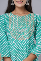 Juniper Women's Green Printed Embroidered Mirror Work Sequin Cotton Flared Dress | Grocsy