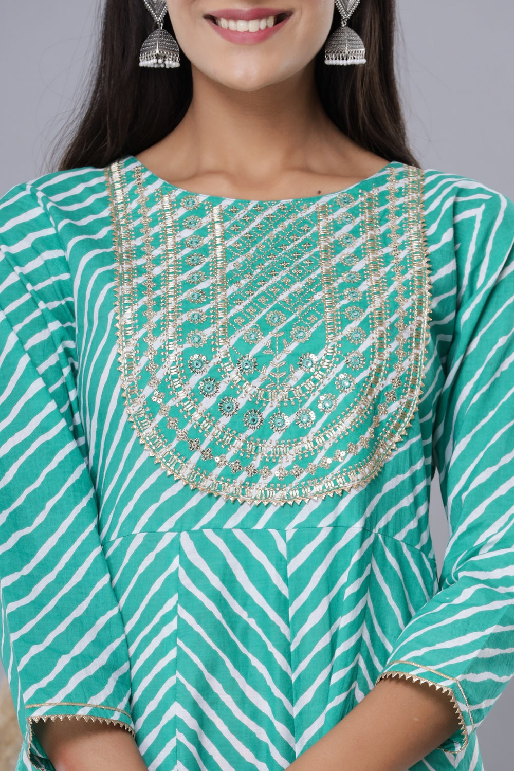 Juniper Women's Green Printed Embroidered Mirror Work Sequin Cotton Flared Dress | Grocsy
